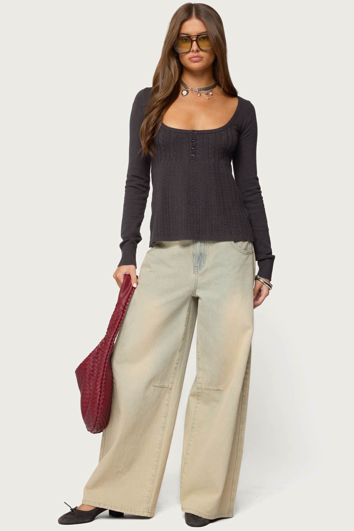 Jaylah Cable Knit Babydoll Top - Long Sleeve Scoop Neck Button Detail Small Medium Large