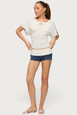 Contrast Foldover Denim Micro Shorts - Low Rise Stretchy Cotton Polyester Spandex
