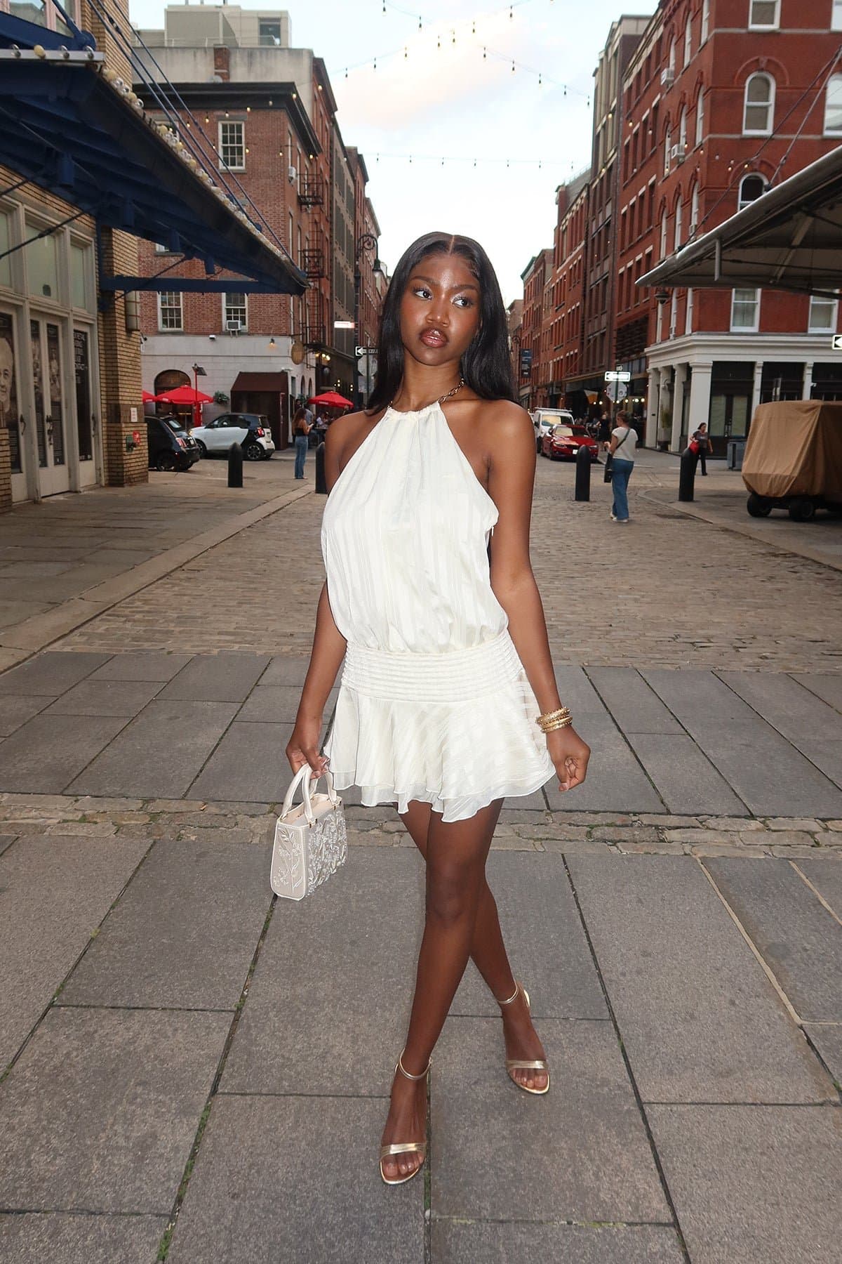 Glossy Striped Drop Waist Mini Dress - Halter Chain Closure Open Back Pleated Satin Polyester