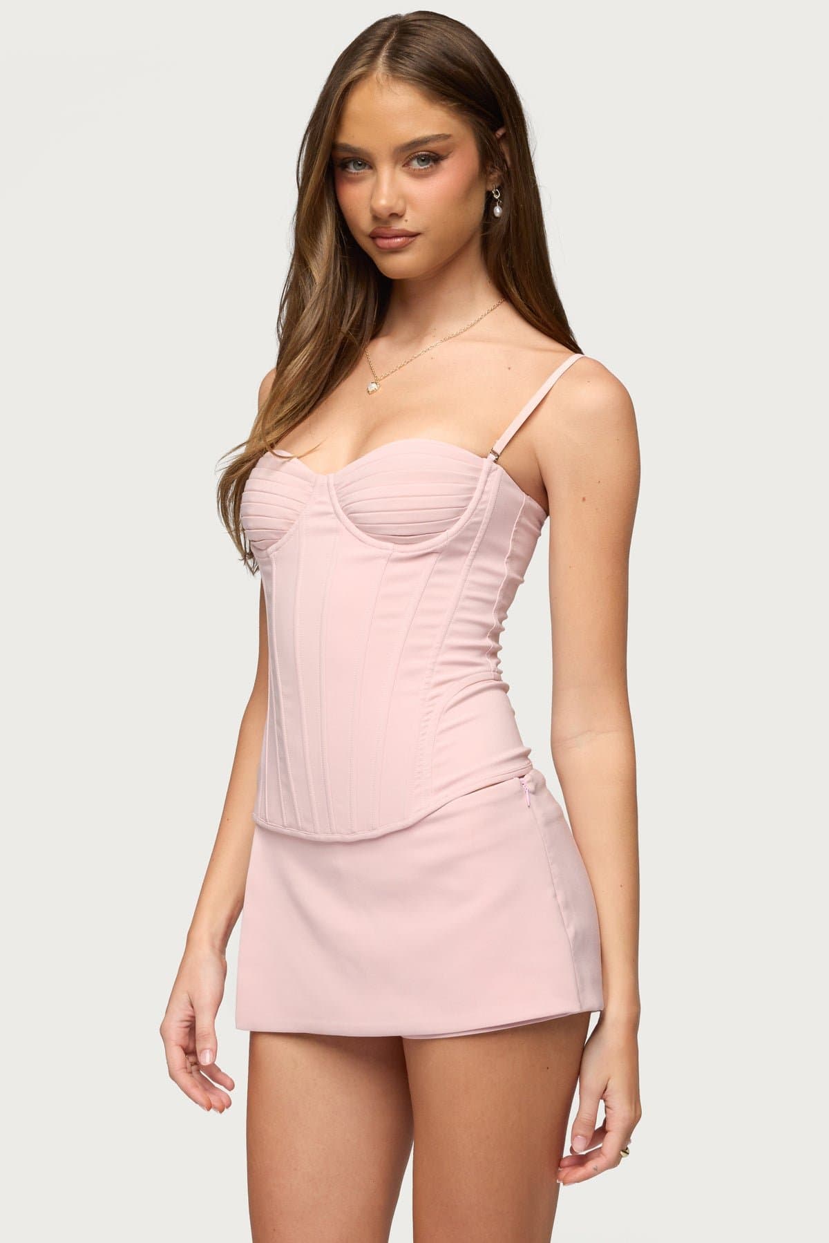 Alixa Pleated Detachable Straps Corset - Cupped Boned Bodice, Lace Up Back, Polyester Spandex