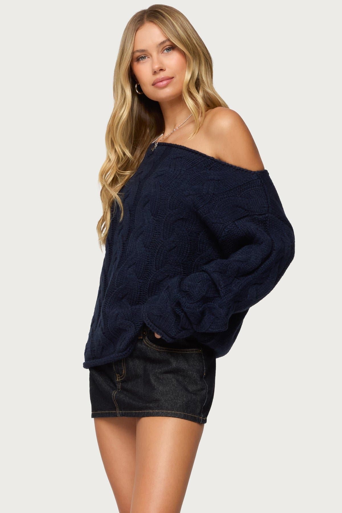Nellie Off Shoulder Cable Knit Sweater - Acrylic Knit Top