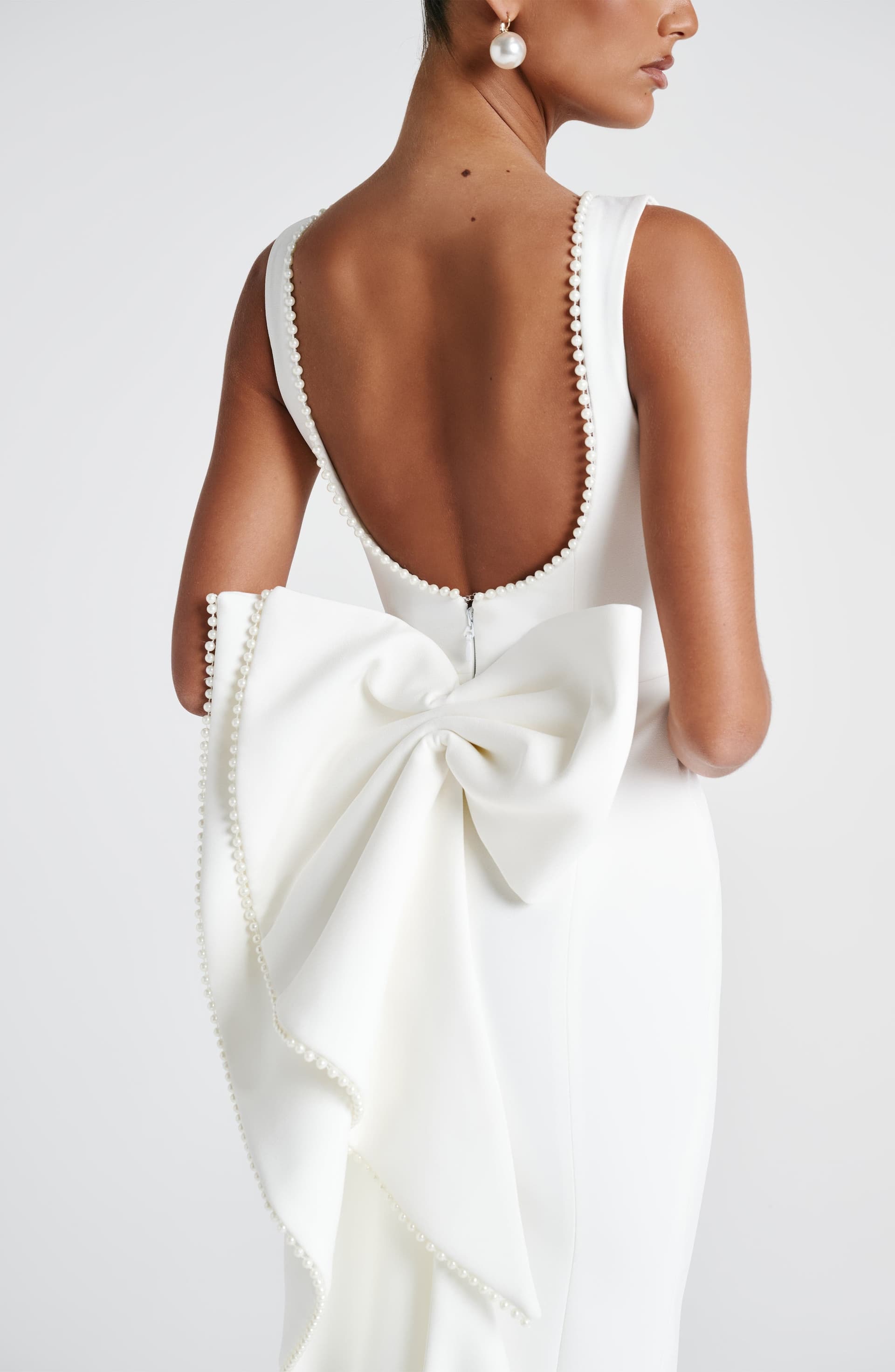 Lana Midaxi Dress in Ivory - Non-Stretch Crepe with Pearl Trim and Detachable Bow