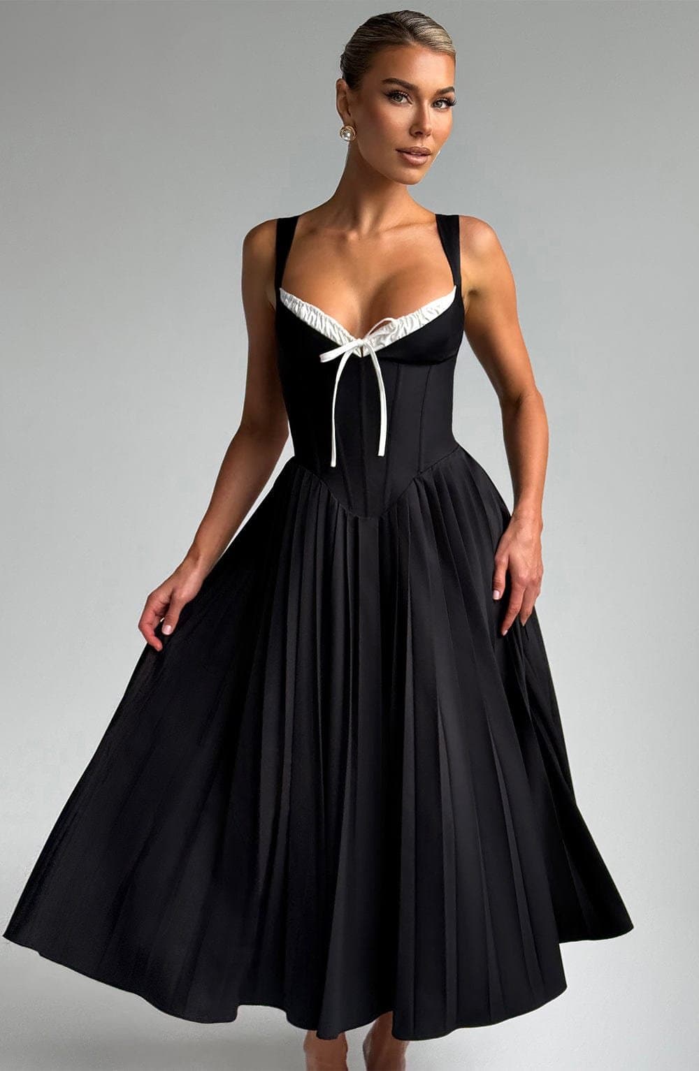 Natassia Midi Dress - Black White Fan Straps Sweetheart Neckline Lace-Up Back