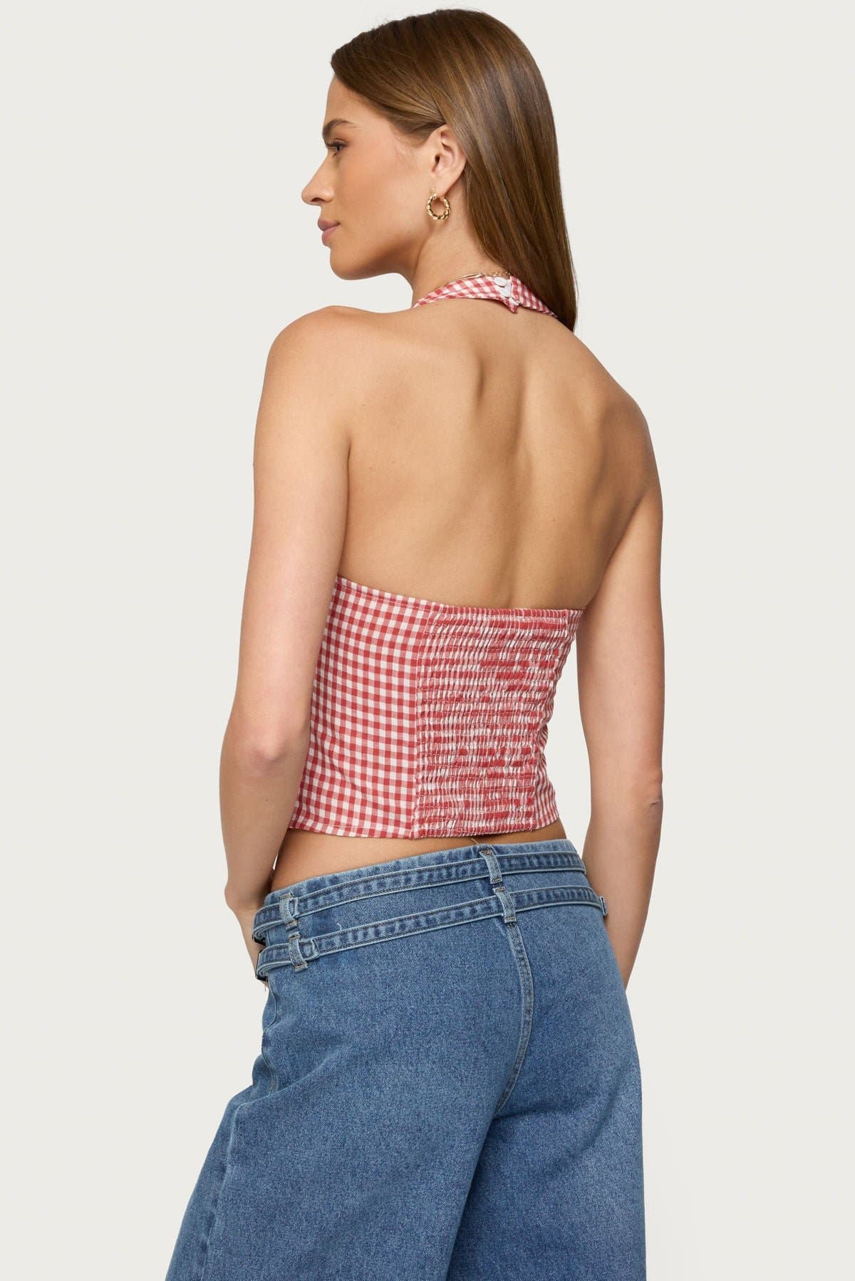 Evan Gingham Button Up Halter Top - V Neck 100% Cotton