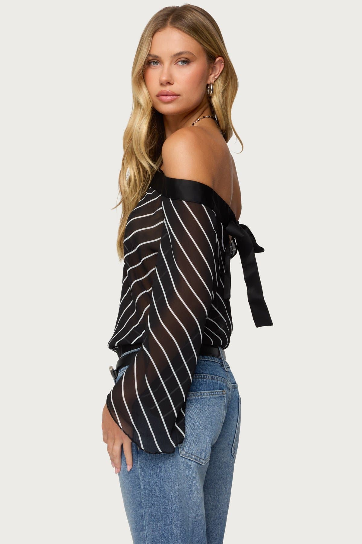 Diagonal Striped Off Shoulder Chiffon Top with Long Sleeves