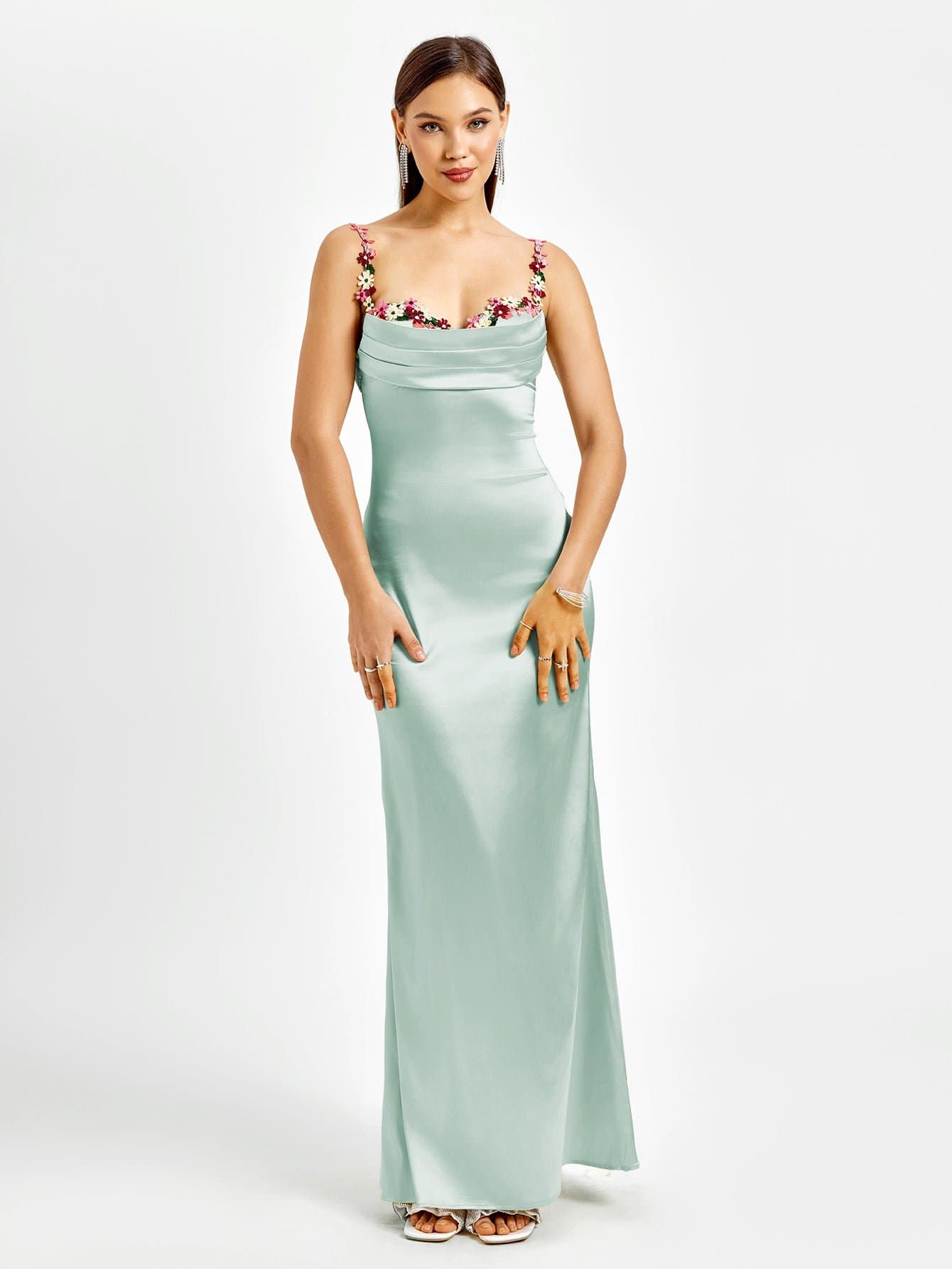 Embellished Strap Tie Back Satin Bodycon Dress
