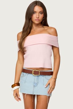 Blythe Ribbed Knit Fold Over Off Shoulder Top - Rayon Polyester Nylon