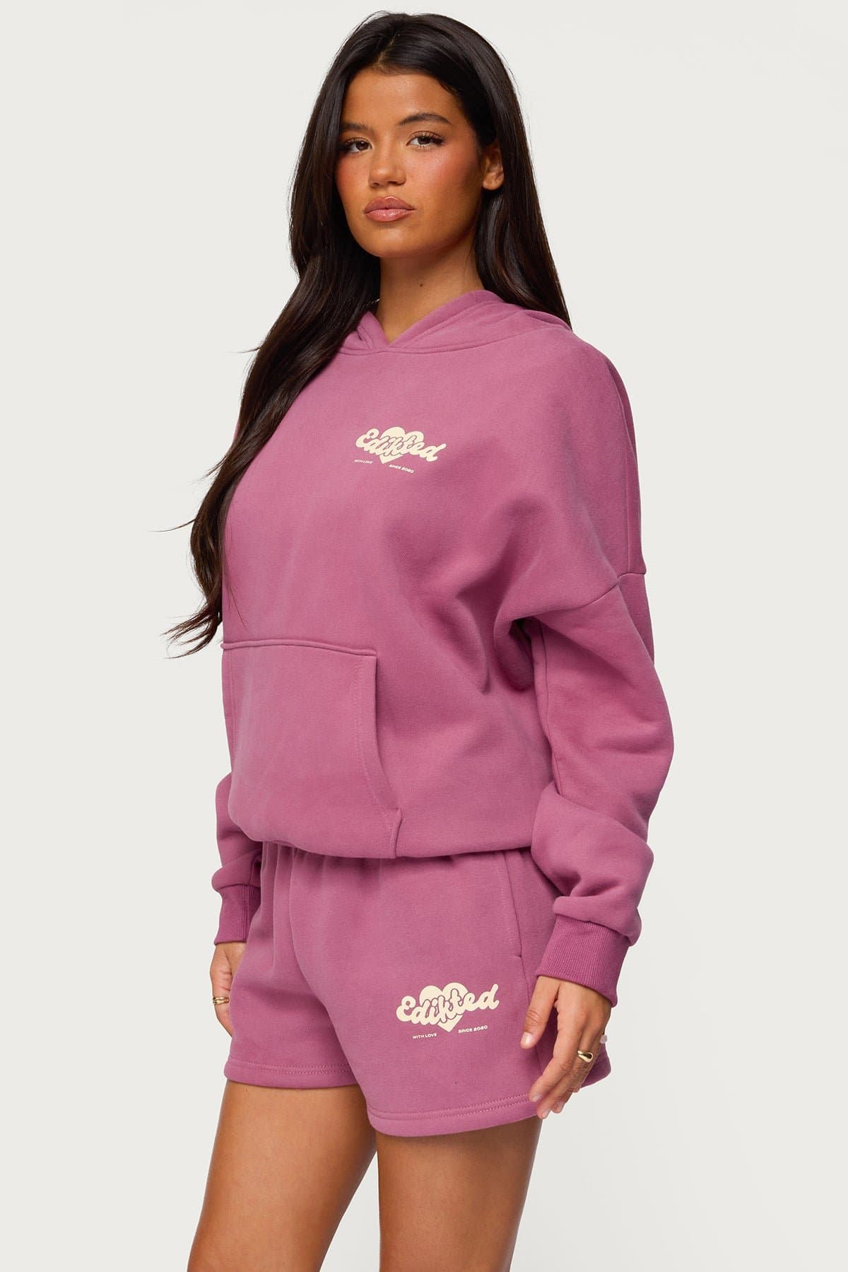 We're Edikted Hoodie with Heart Graphic Print Polyester Cotton Blend