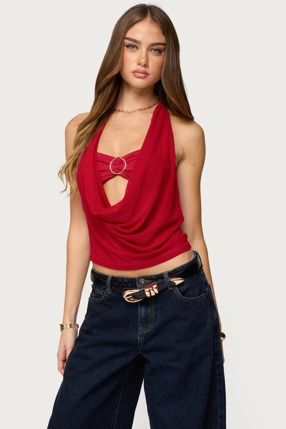 Issey Layered Bandeau Cowl Neck Halter Top in Polyester Spandex