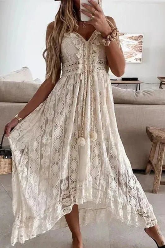 Summer New Lace Sling V-Neck Floral Mid-Calf A-Line Dress
