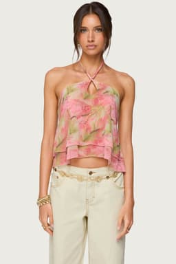 Dragon Lily Floral Print Layered Chiffon Halter Top