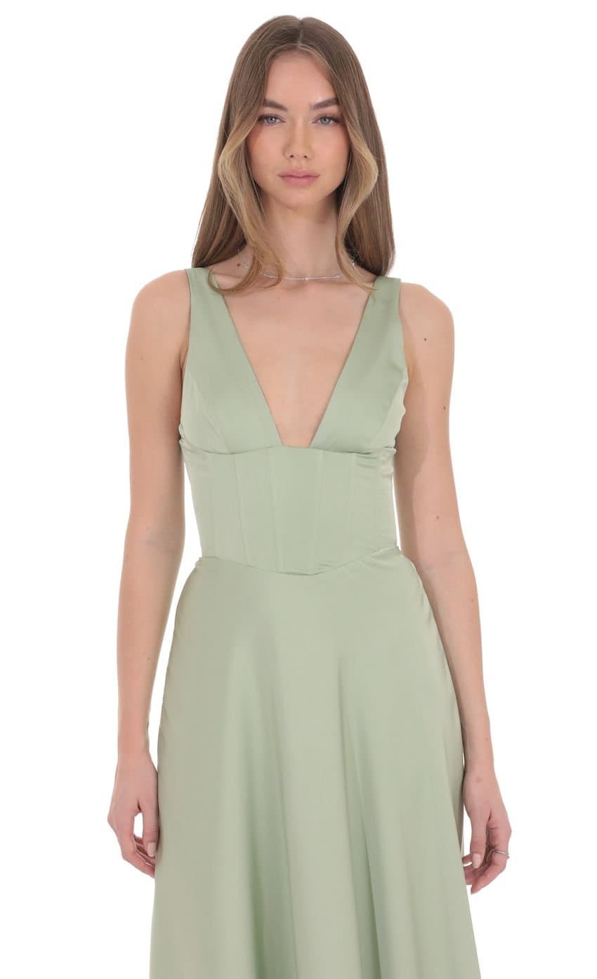 Satin Plunge Neck Corset Maxi Dress in Sage
