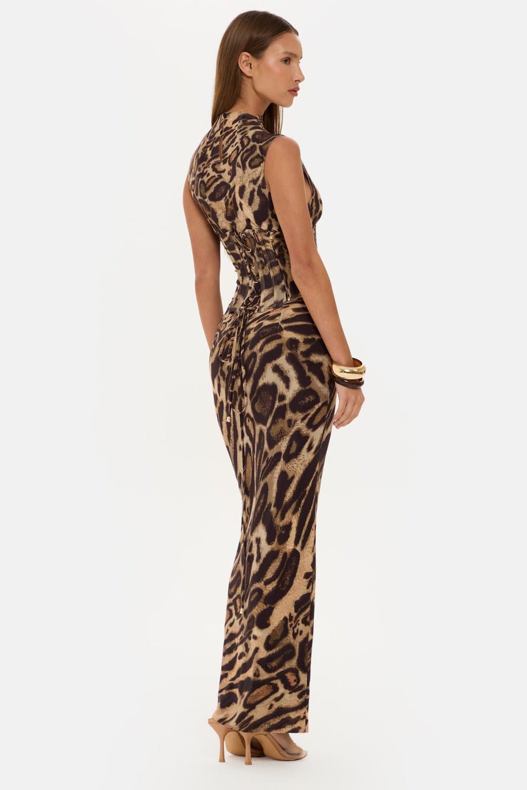 Leopard Print Corset Maxi Dress High Neck Sleeveless Nylon Elastane