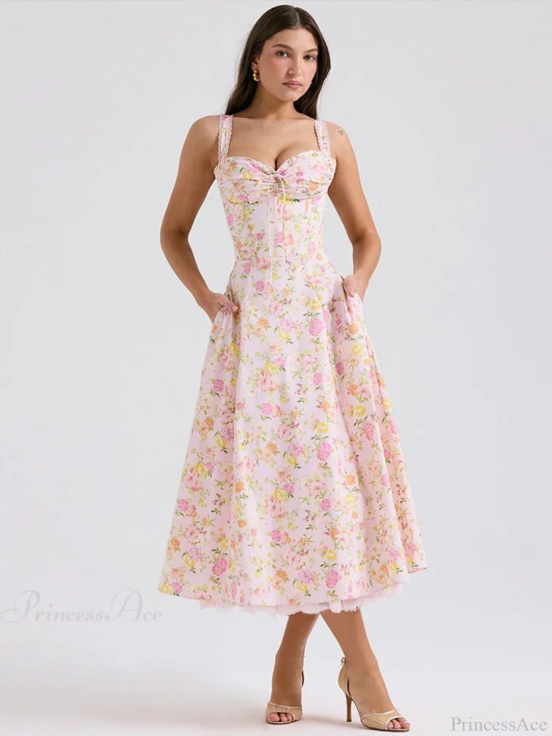 Waist Wrap Spaghetti Strap Floral Print A-Line Dress