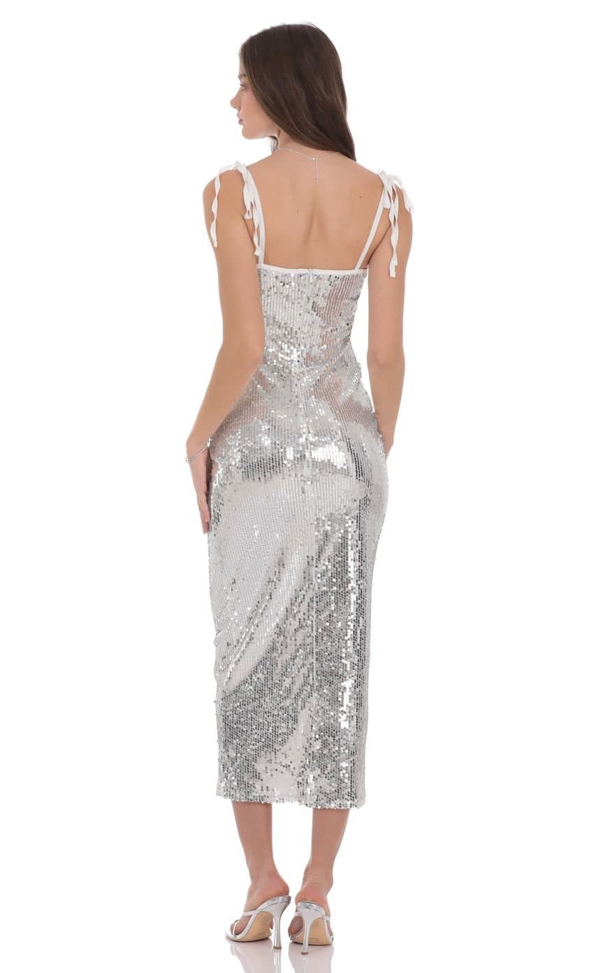 Sequin Shoulder Tie Maxi Dress in Silver