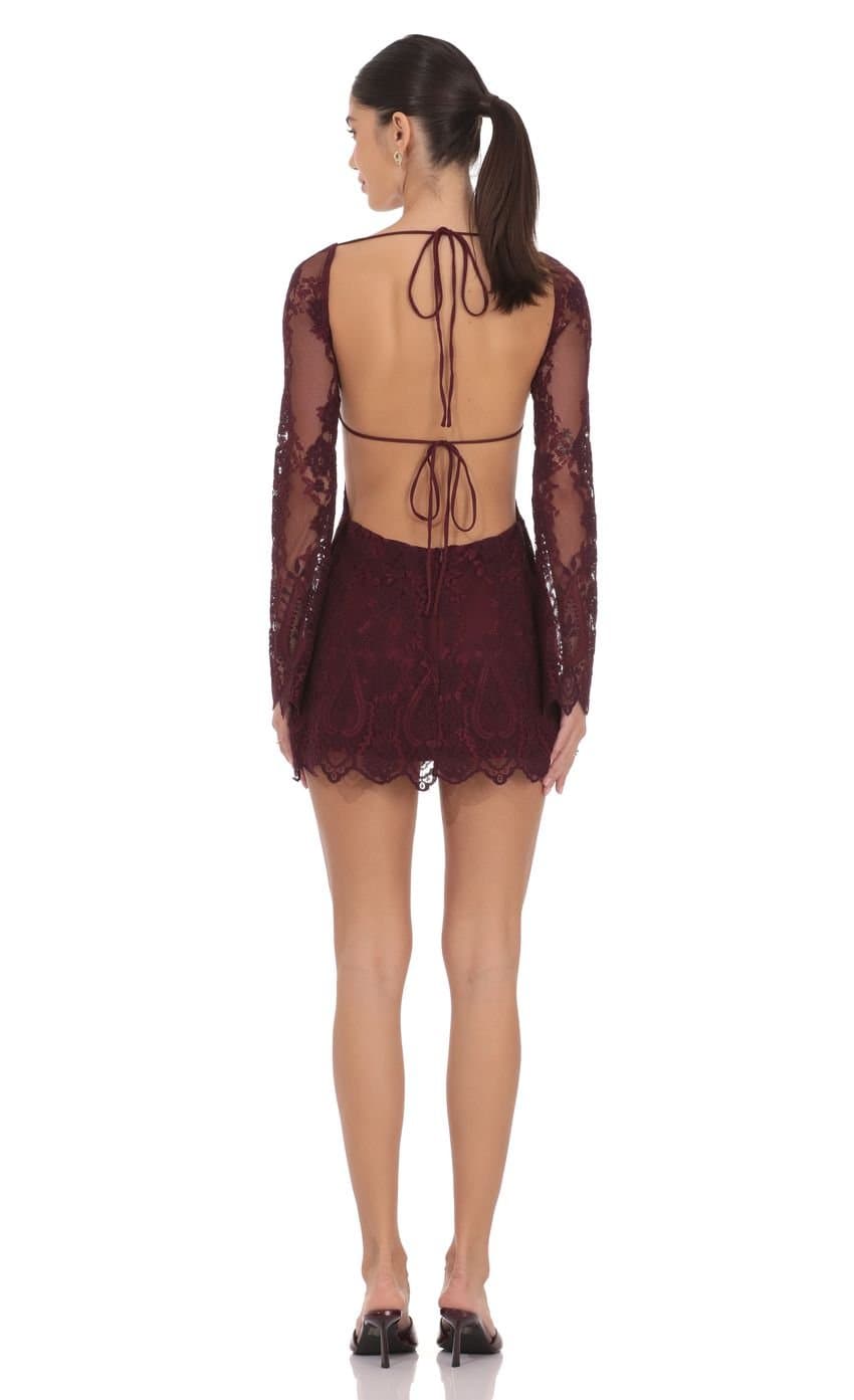 Lace Open Back Long Sleeve Dress in Burgundy