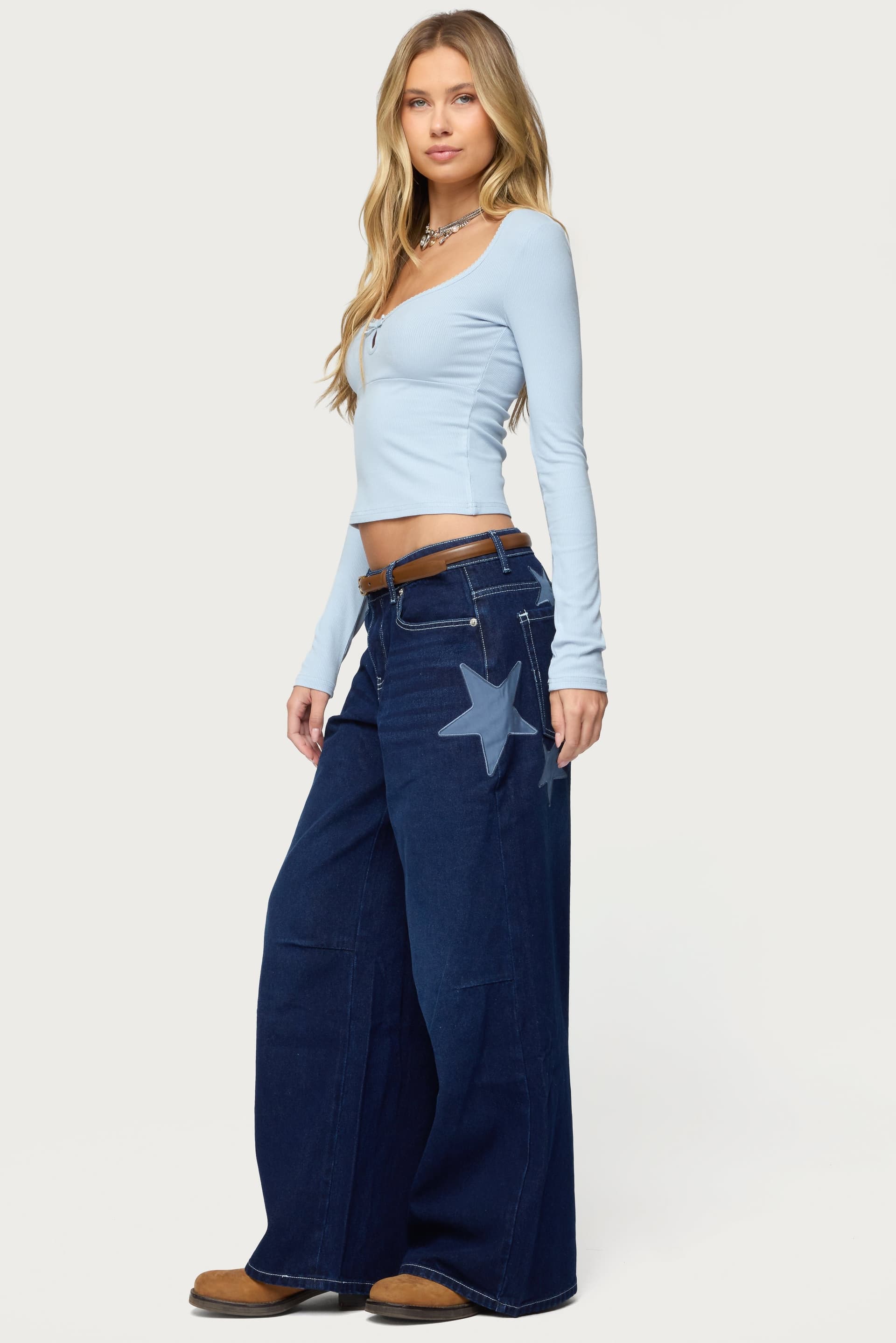 Trish Stars Low Rise Baggy Jeans with Embroidered Star Patches