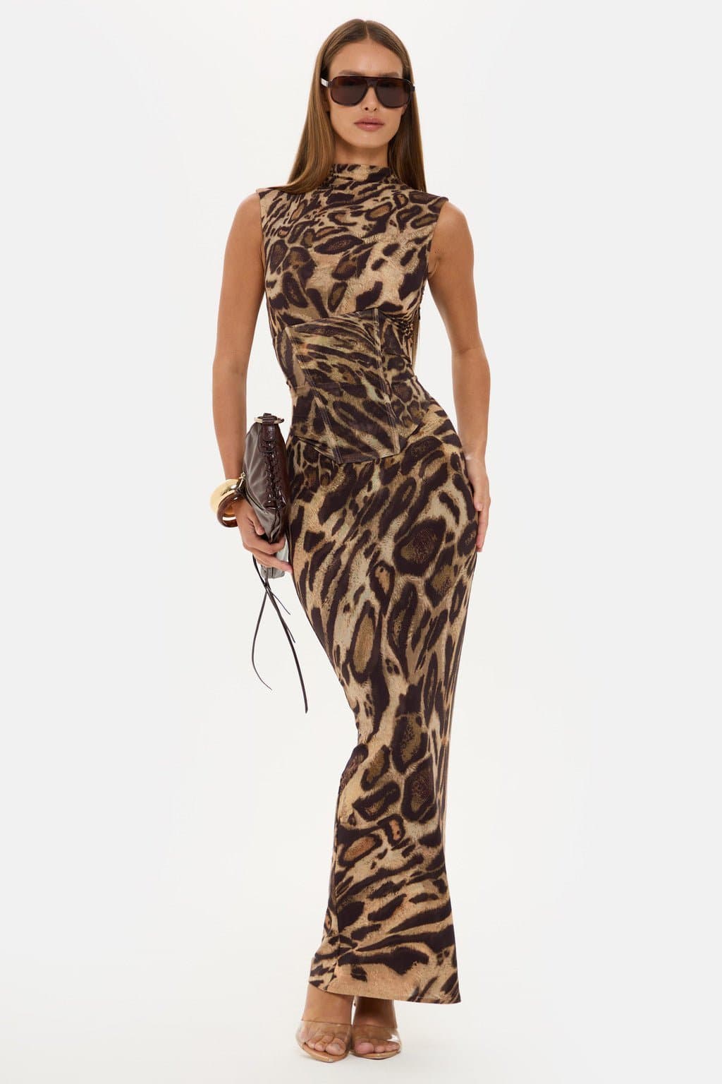Leopard Print Corset Maxi Dress High Neck Sleeveless Nylon Elastane