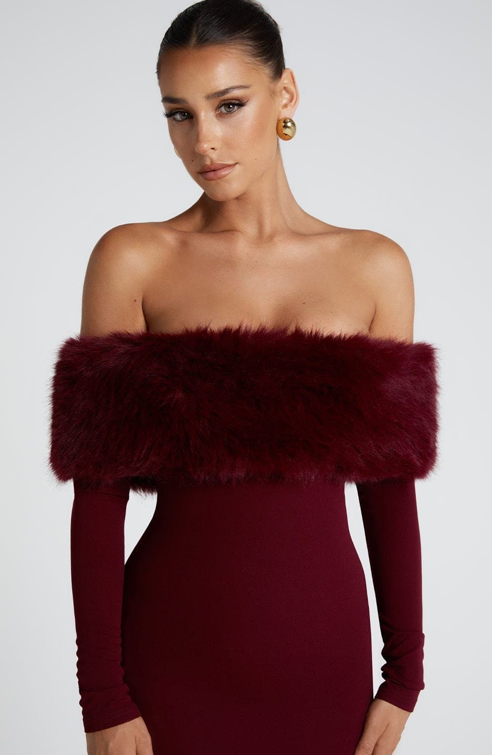 Vittoria Midi Dress in Wine - Stretch Crepe Bardot Neckline Long Sleeve