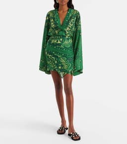 Green Paisley Print Satin Mini Dress – V Neck Oversized Sleeve Tie Waist Boho Party Dress S-XL