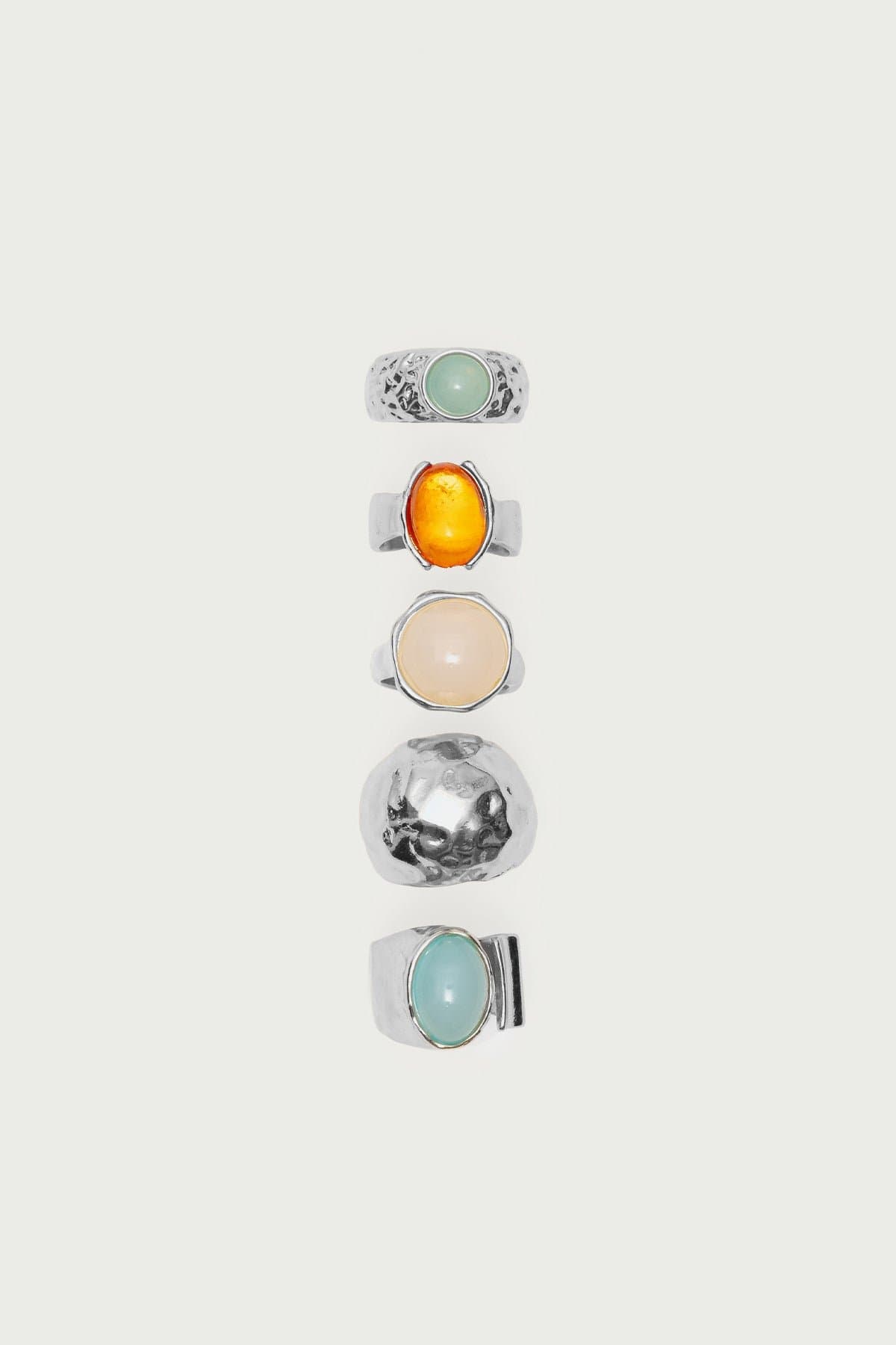 Assorted Gemstone Ring Pack Silver Tone Metal Diameter 0.9-1 Inch