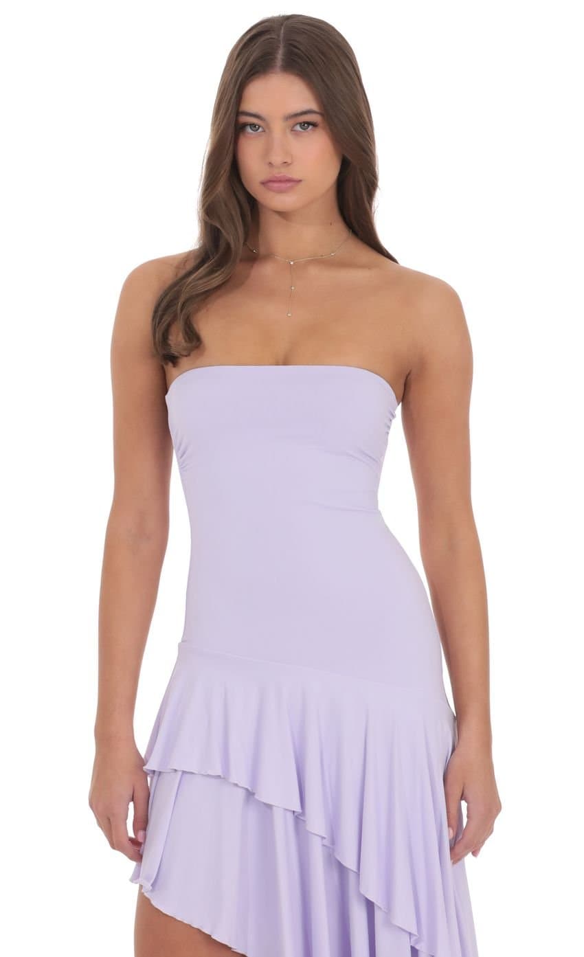 Strapless Ruffle Asymmetrical Maxi Dress in Lavender