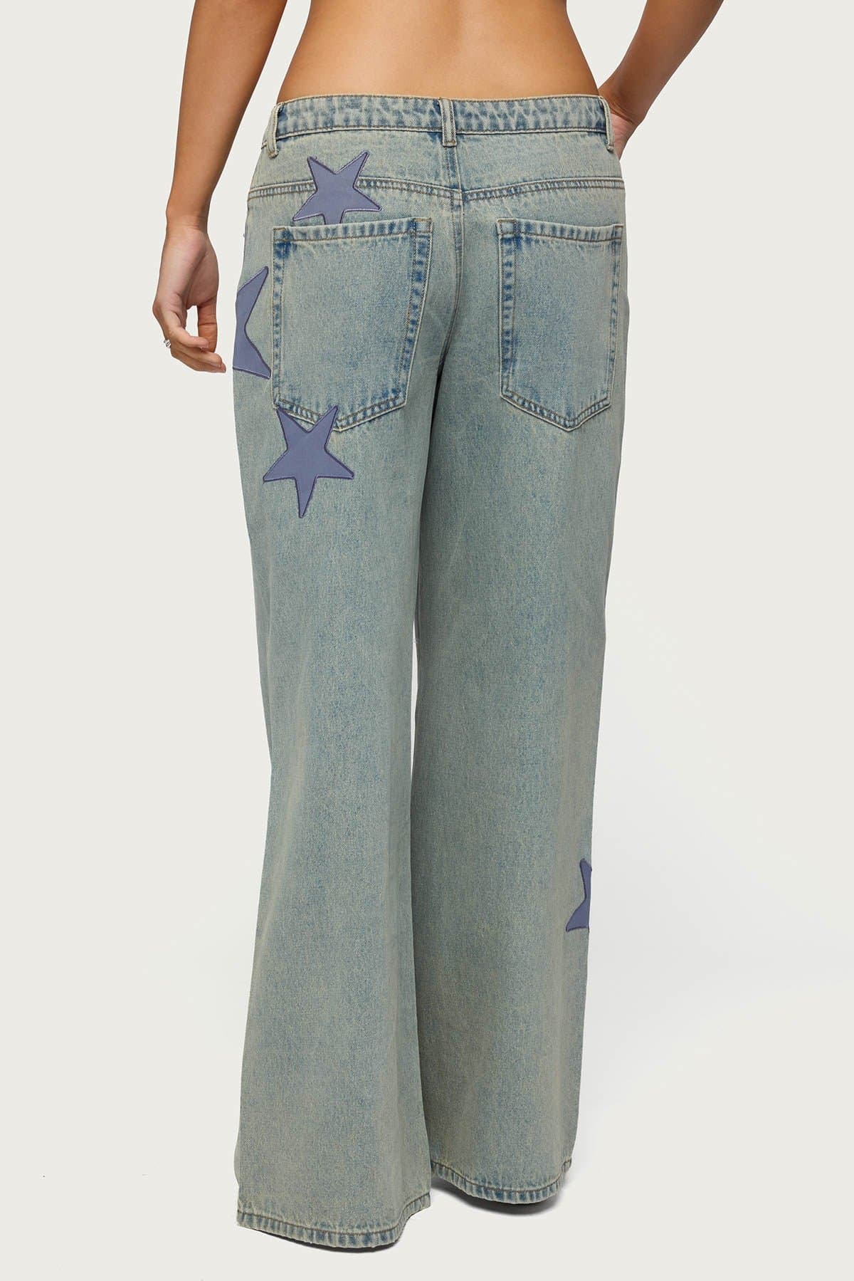 Trish Stars Low Rise Baggy Jeans with Embroidered Satin Star Patches 100% Cotton