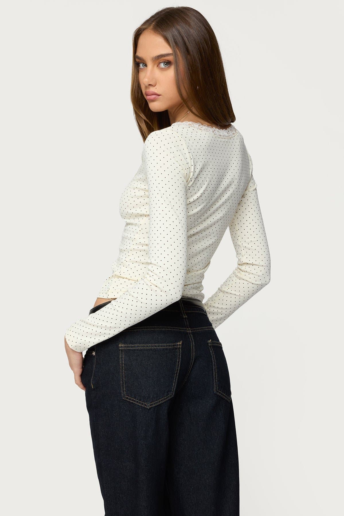 Morah Lacey Polka Dot Long Sleeve V-Neck Top - Cotton Polyester Spandex