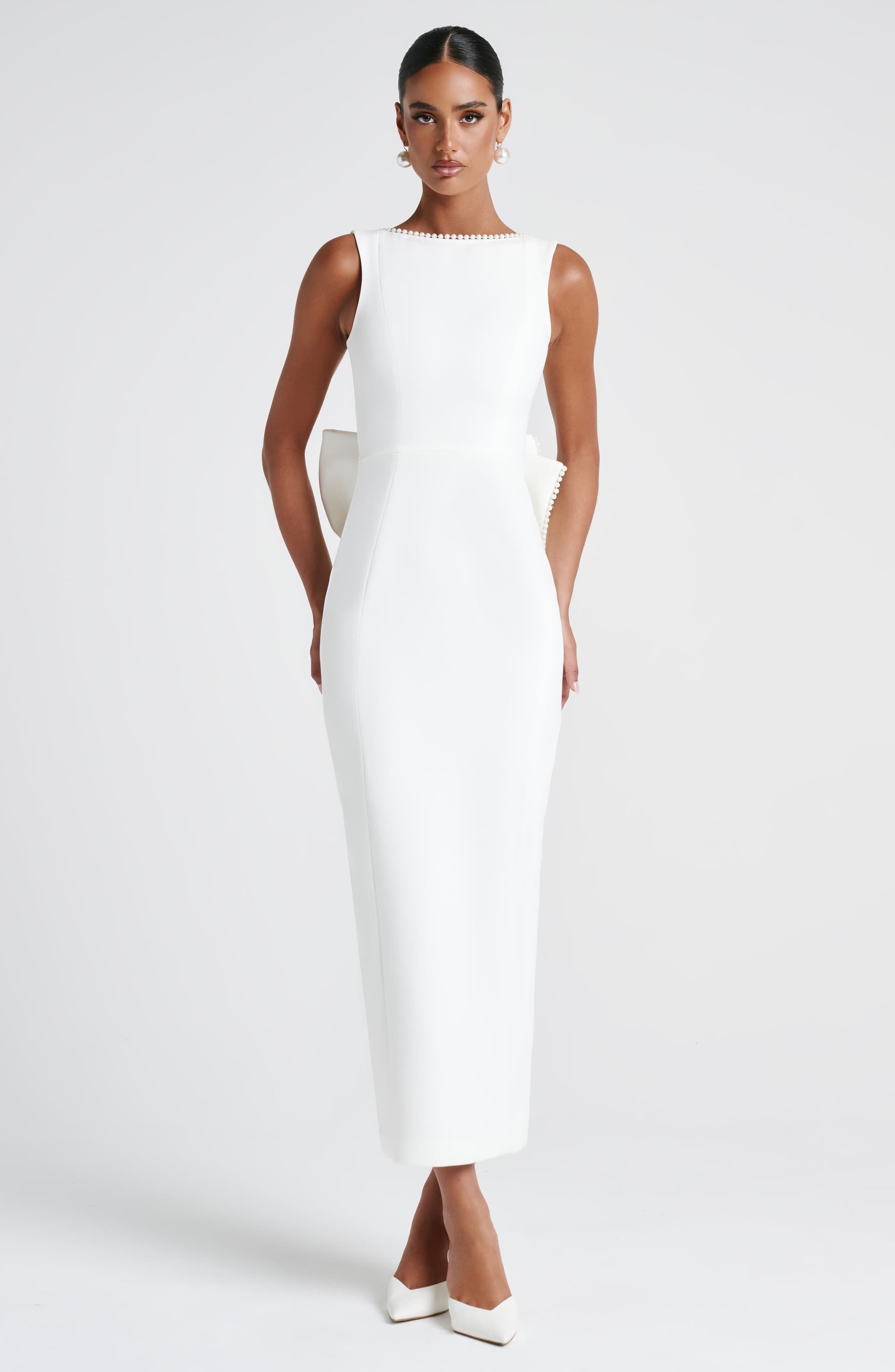 Lana Midaxi Dress in Ivory - Non-Stretch Crepe with Pearl Trim and Detachable Bow