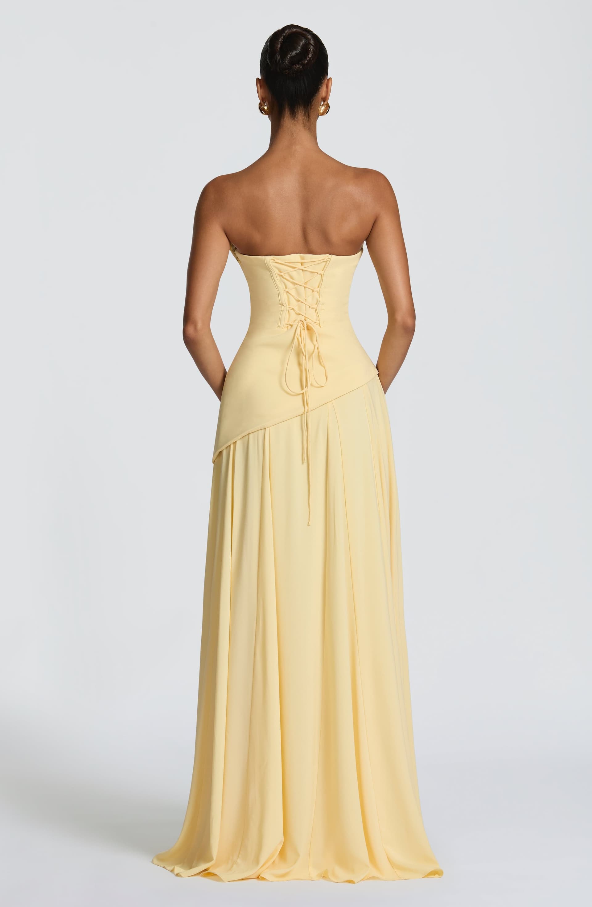 Patricia Lemon Chiffon Maxi Dress - Scooped Neckline, Lace-Up Back, Pleated Bodice