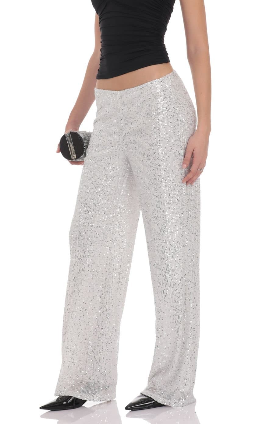 Straight Sequin Pants in Silver