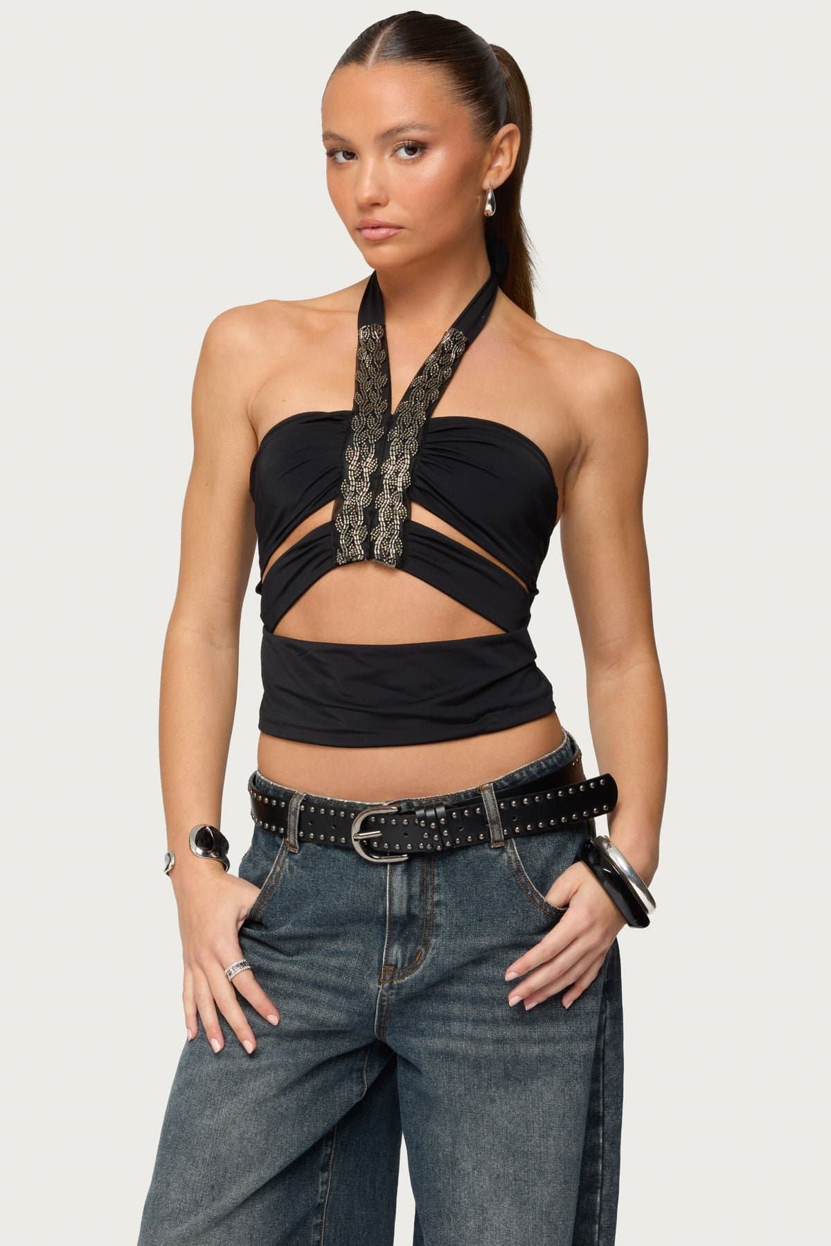Zola Cutout Beaded Halter Top in Nylon Spandex with Ruched Detailing
