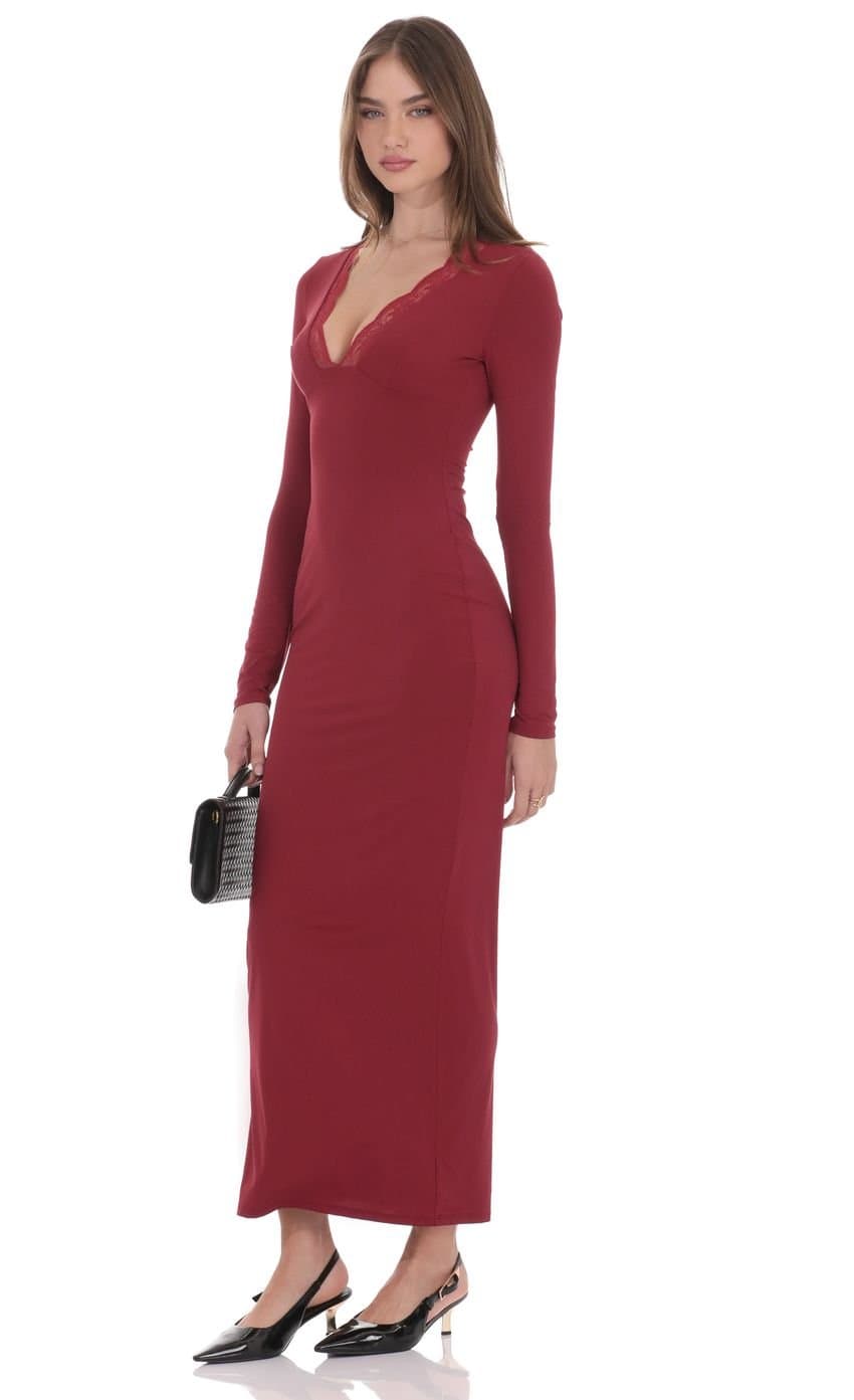 Long Sleeve Lace Trim Maxi Dress in Maroon