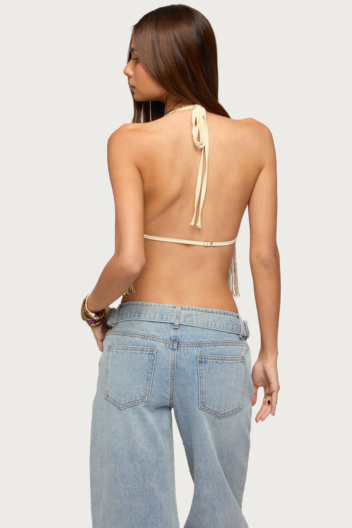 Azura Sequin Fringe Bra Top - Halter Neck Adjustable Straps Polyester