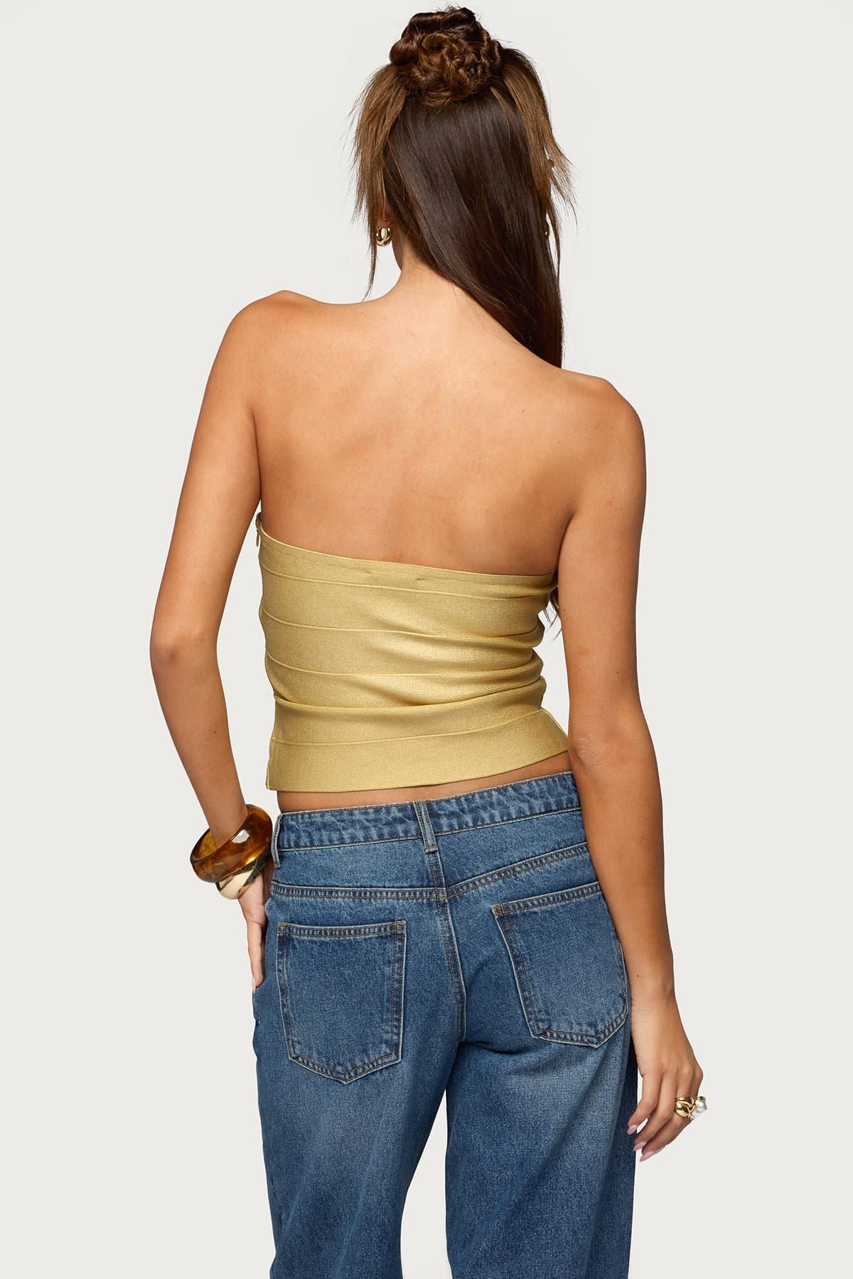 Cecilea Metallic Knit Bandage Tube Top - Polyester Spandex Side Zip S-XL