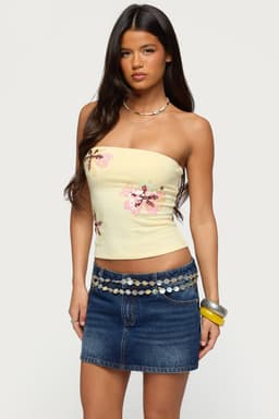 Braelyn Sequin Floral Tube Top Cotton Spandex Strapless Blouse Size S