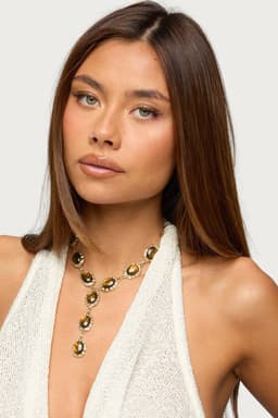 Cascading Textured Pendant Necklace with Adjustable Chain Gold Tone Resin Stone Detailing 17.7in