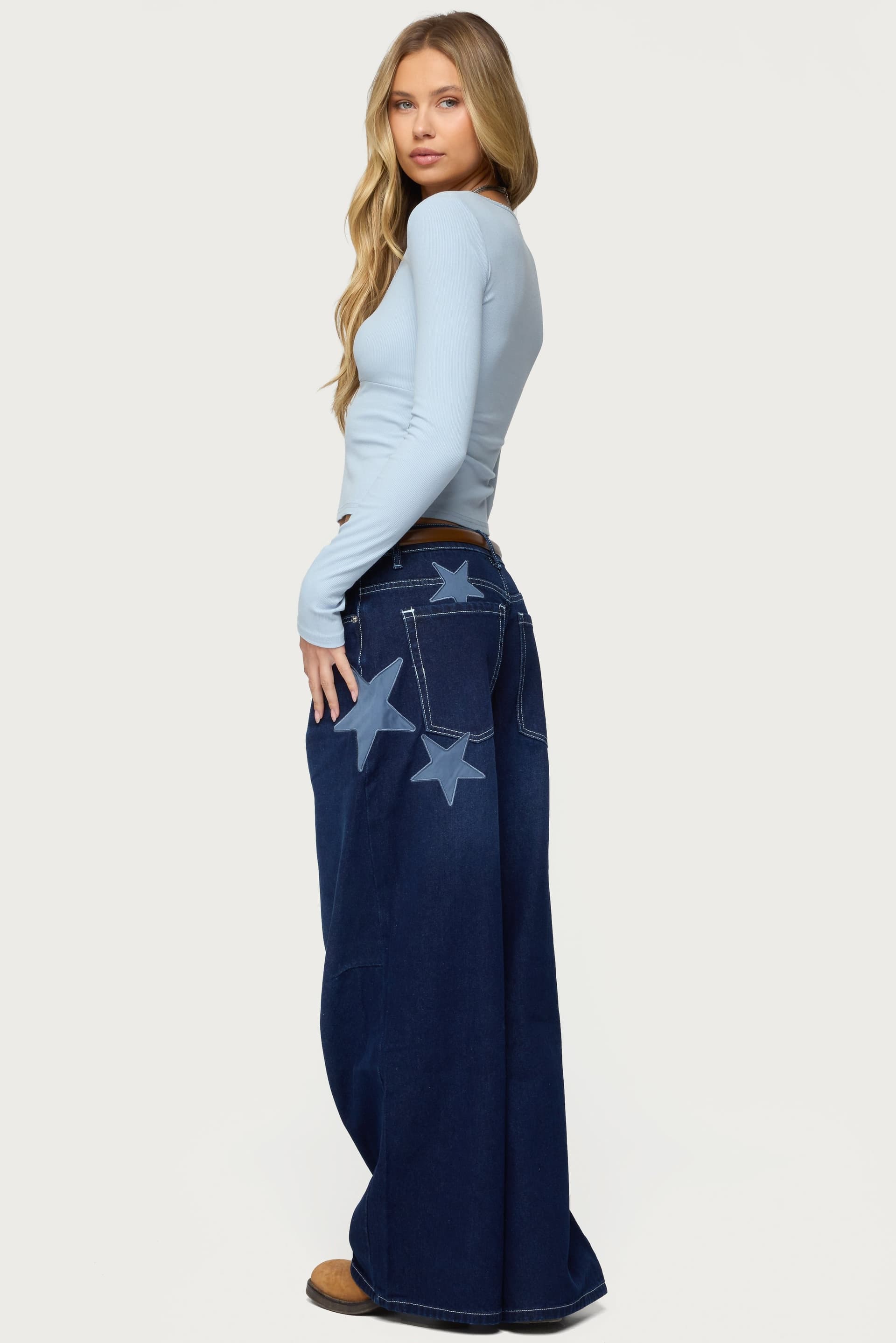 Trish Stars Low Rise Baggy Jeans with Embroidered Star Patches