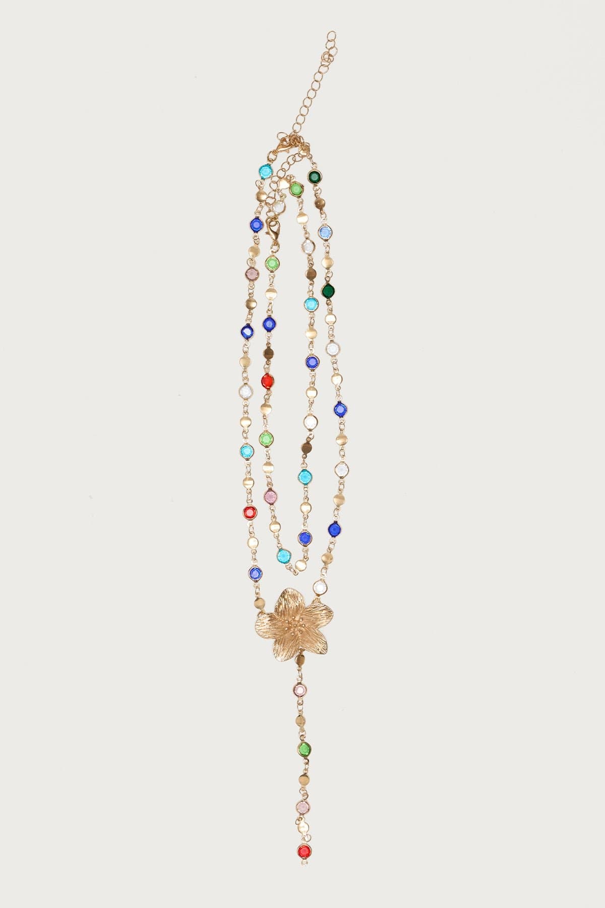 Flower Cascading Gemstone Necklace Set with Gold Tone Chain and Adjustable Length 15-21.3 Inches