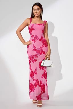 Elegant 3D Flowers Embroidery Mesh Sleeveless A-Line Mid-Calf Floral Dress