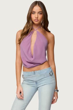 Chiffon Backless Cowl Neck Halter Top with Crisscross Open Back