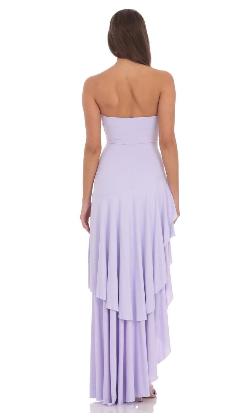 Strapless Ruffle Asymmetrical Maxi Dress in Lavender