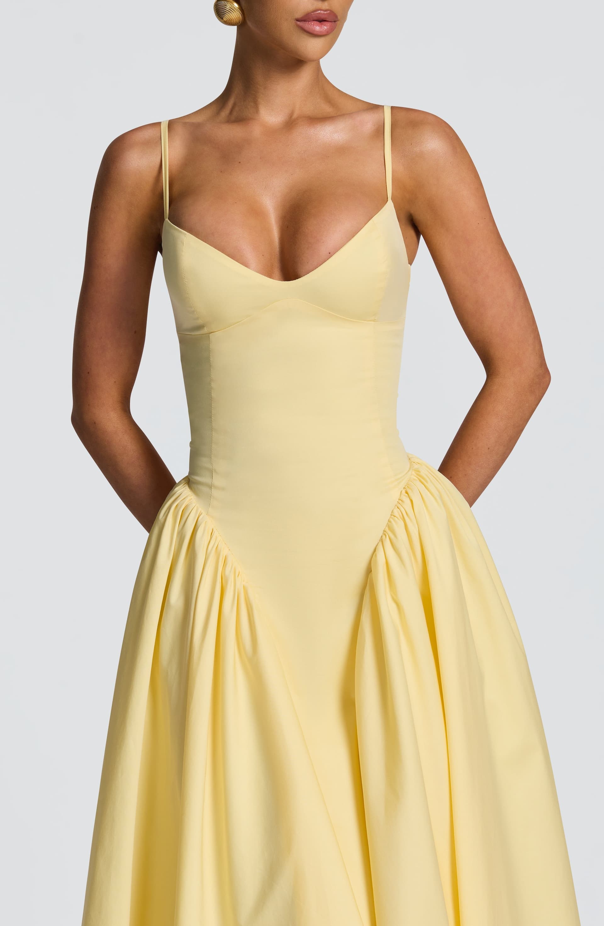 Emerson Midi Dress Lemon Yellow Sweetheart Neckline Lace-Up Back Cotton Nylon Elastane Blend