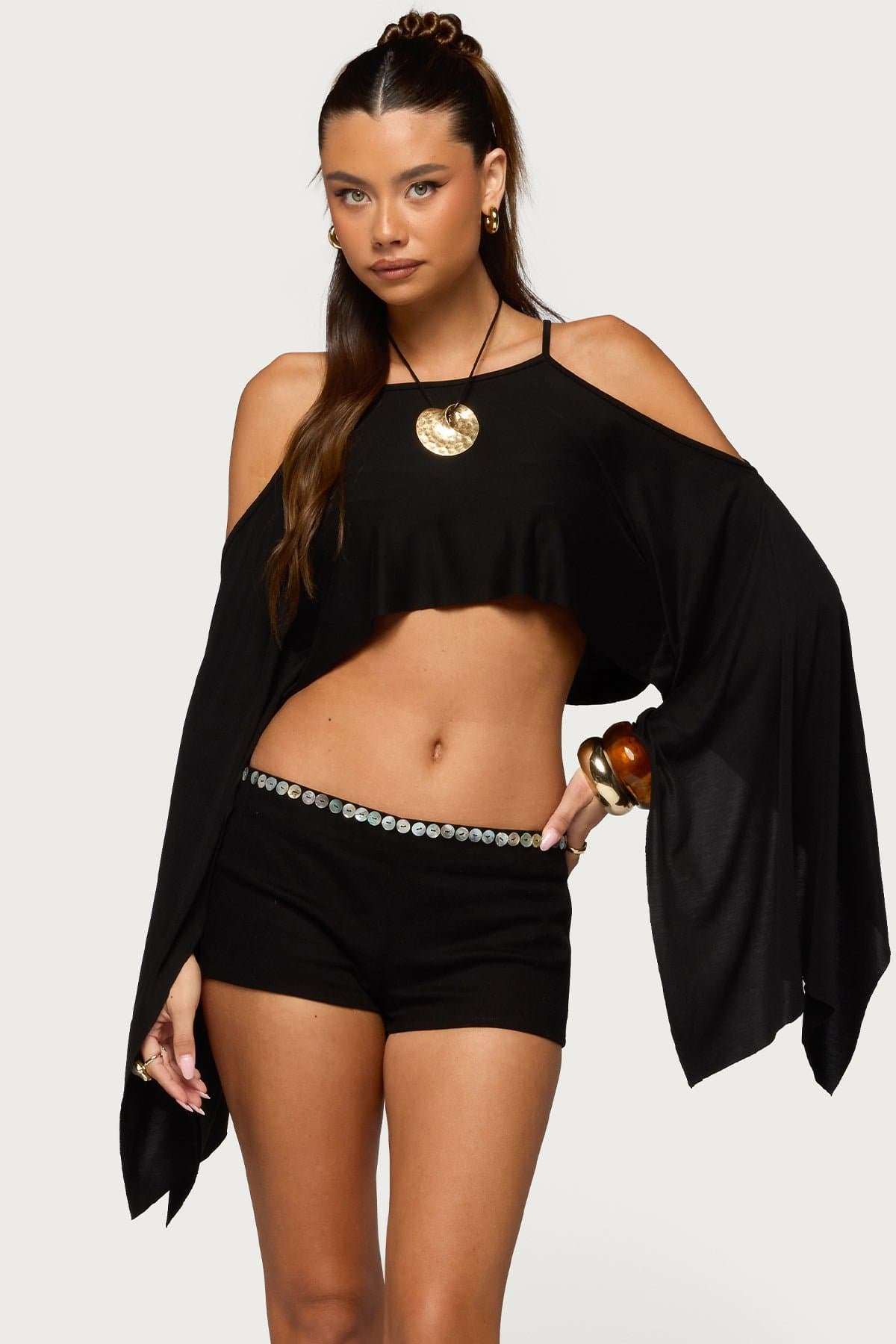 Ivanna Cutout Cape Cropped Top - Long Sleeve Polyester Rayon