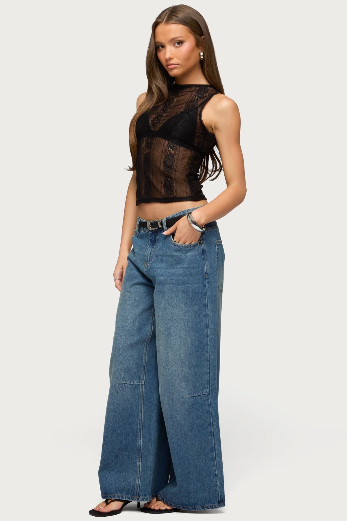 Ephie Sheer Lace Tank Top with Frill Trim - Nylon Spandex