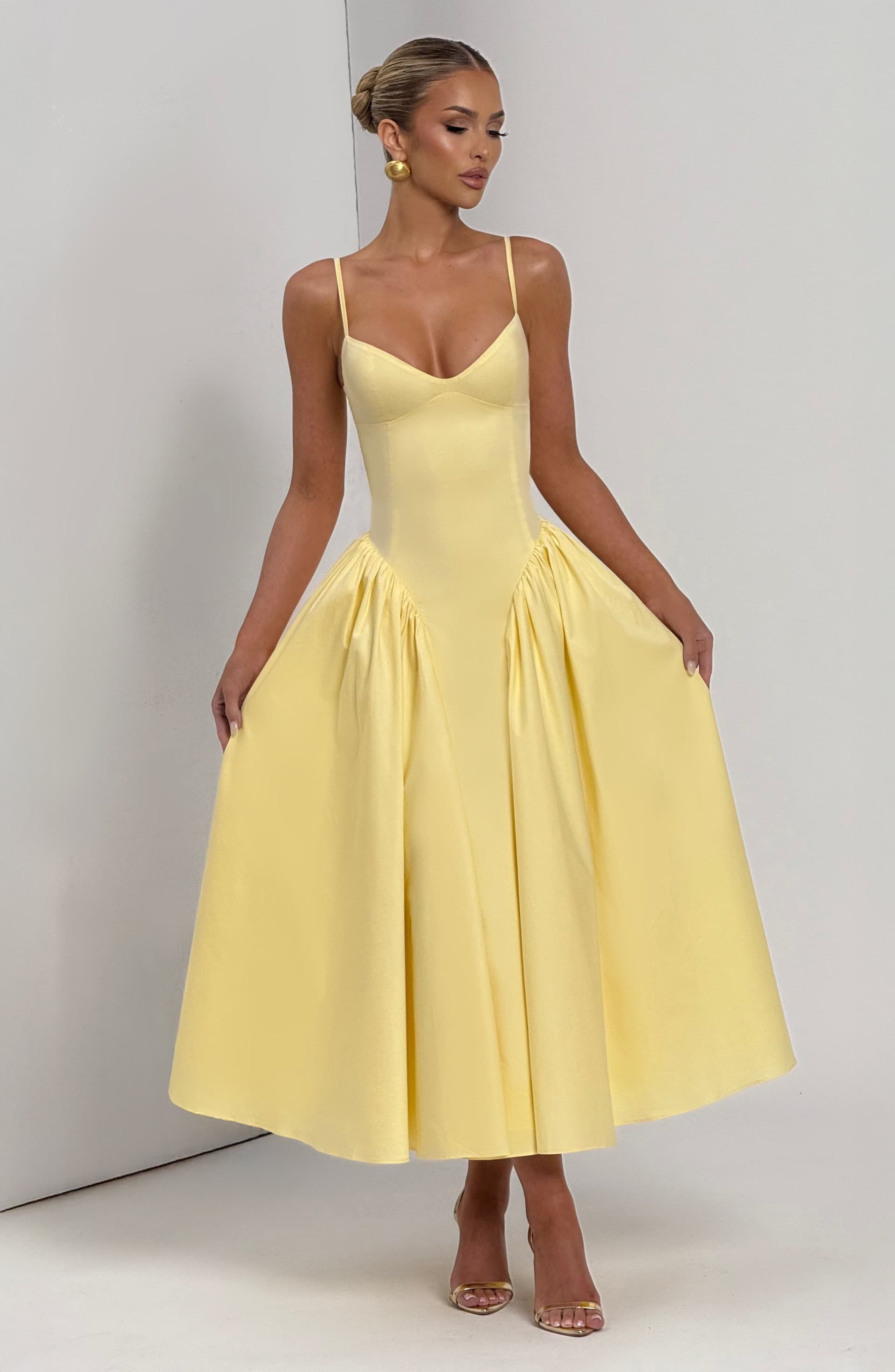 Emerson Midi Dress Lemon Yellow Sweetheart Neckline Lace-Up Back Cotton Nylon Elastane Blend