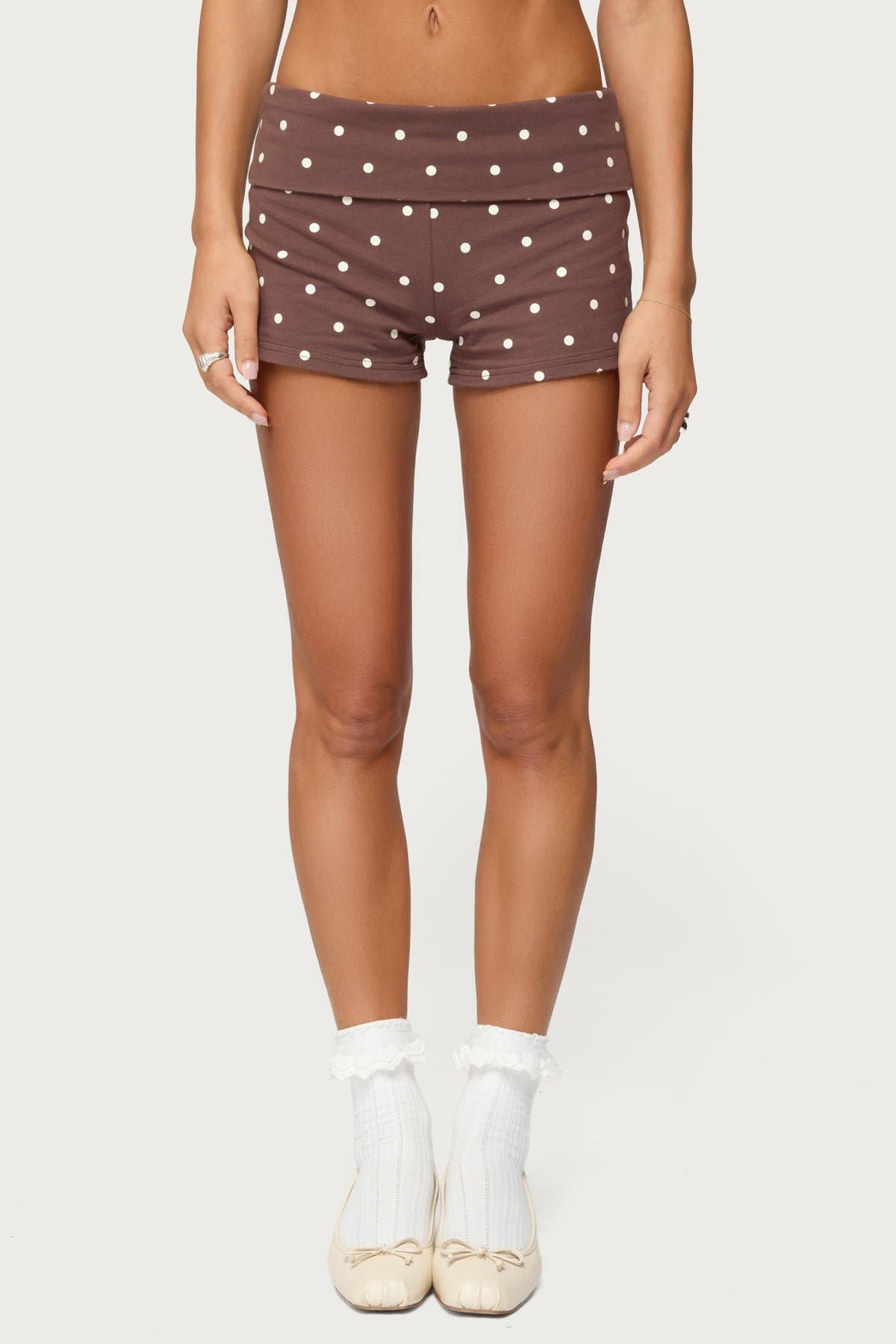Chelsie Women's Polka Dot Foldover Shorts - Cotton Spandex, Size S Inseam 2"