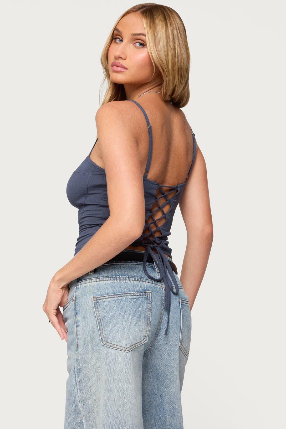 Katanya Lace Up Top - Adjustable Straps V Neck Boned Rayon Spandex