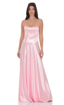 Satin Square Neck Maxi Dress in Pink