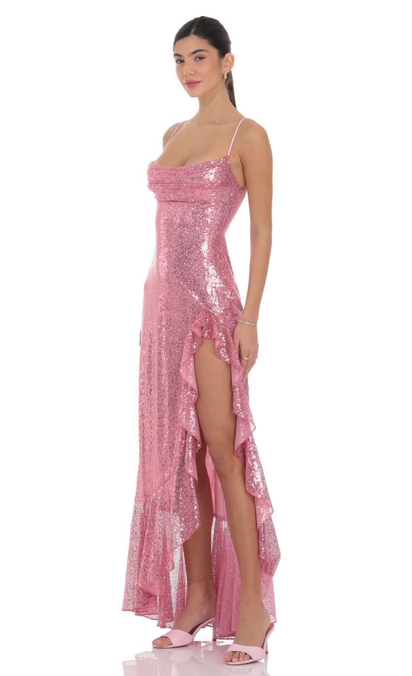 Sequin Ruffle Maxi Dress in Pink